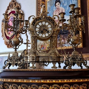 Antique French Bronze  Porcelain Mantel Clock Set  19th Century Rococo Garniture  Romantic Scene Candelabras
