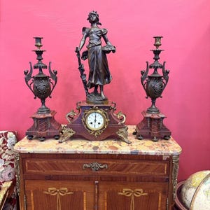 Antique French Bronze Marble Mantel Clock Set 19th Century Goddess Sculpture with Urns