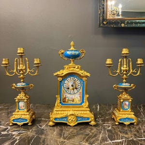 Spectacular Antique Sevres Style Clock  Candelabra Set  19th Century French Porcelain  Gilt Bronze
