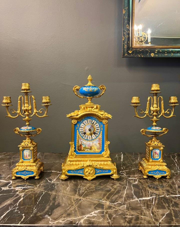 Spectacular Antique Sevres Style Clock Candelabra Set 19th Century French Porcelain Gilt Bronze