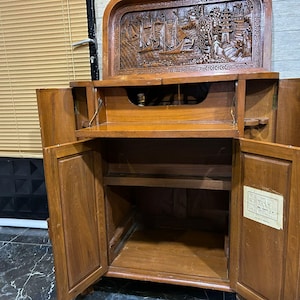 Antique Hand Carved Teak Wood Bar Cabinet 19th Century Oriental Liquor Sideboard Asian Inspired Hidden Mini Bar