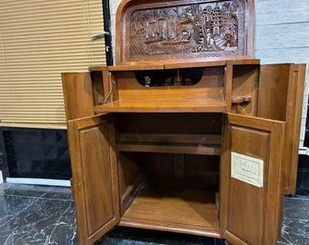 Antique Hand Carved Teak Wood Bar Cabinet 19th Century Oriental Liquor Sideboard Asian Inspired Hidden Mini Bar