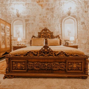 Antique Luxury Bedroom Set Hand Carved Wood Bed 200x160 cm 79x63ft  with Armchairs Dresse Wardrobe