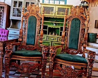 Pair of Hand-Carved Mahogany Throne Chairs  Gothic Lion Armrests  Antique Royal Thrones Green Velvet Thrones