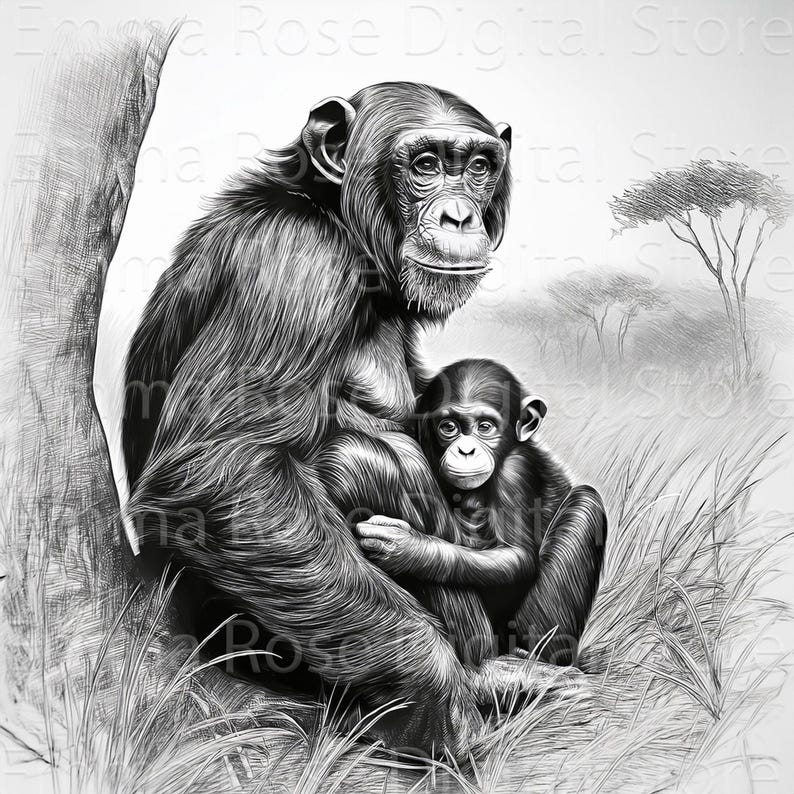 Chimpanzee Portrait | Monkey Line Art | JPG Images | Wildlife Art ...