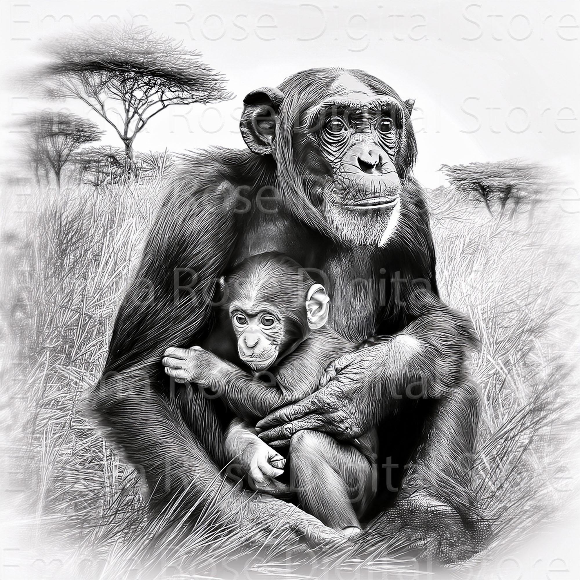 Chimpanzee Portrait | Monkey Line Art | JPG Images | Wildlife Art ...