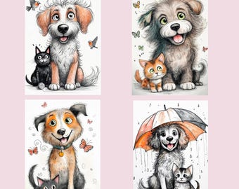 Whimsical Cat and Dog Clipart Set - Cat & Dog Instant Download, Cat and Dog Clipart, Animal JPG, Pet Clipart Bundle, Digital Clipart