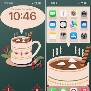 Op de afbeelding: Telefoonscherm met een illustratie van een mok warme chocolademelk met marshmallows en een wafelstrookje. Het scherm toont de datum, tijd en app-pictogrammen. De achtergrond is donkergroen.