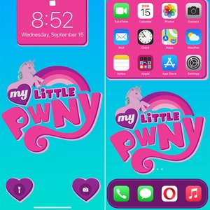 May include: A pink and blue phone screen with a My Little Pony theme. The screen shows the time 8:52 and the date Wednesday, September 15. The phone has a pink and purple unicorn logo with the words "My Little Pony" in pink and white.