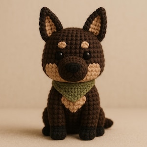 Può includere: Un giocattolo per cani in crochet marrone e beige con una bandana verde. Il cane è seduto con le gambe incrociate e ha gli occhi neri.