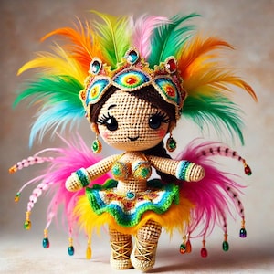 May include: A crocheted doll dressed in a vibrant carnival costume. The doll features a colorful feathered headdress, a jeweled crown, and a matching skirt. The doll's costume includes a bra and armbands, all adorned with jewels. The doll is wearing gold-colored shoes.