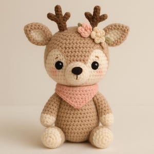 Puede incluir: Un juguete de peluche de ciervo de crochet con pelaje marrón, una bufanda rosa y una corona de flores. El ciervo tiene ojos negros y una nariz blanca.