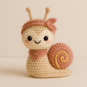 May include: A crocheted snail figurine in cream, pink, and yellow. The snail has a cream-colored body, a pink bandana, and a pink shell with a yellow spiral. The snail has black eyes and a smiling mouth. The figurine is handmade.
