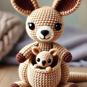 Patrón de amigurumi de canguro a crochet con cría de canguro, tutorial en PDF para juguete de peluche (descarga instantánea)