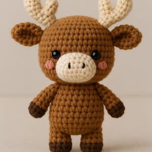 Puede incluir: Un reno de crochet marrón con cuernos blancos y pezuñas marrones. El reno tiene una cara blanca con ojos negros y mejillas rosadas.