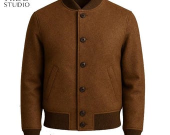 Men's Brown Wool Blend Bomber Jacket | Ribbed Varsity Coat