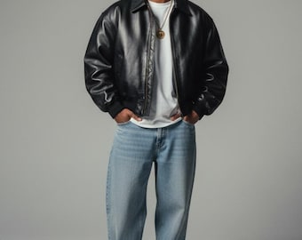 Vintage 90s Black Leather Bomber Jacket: Oversized Hip Hop Coat - Etsy