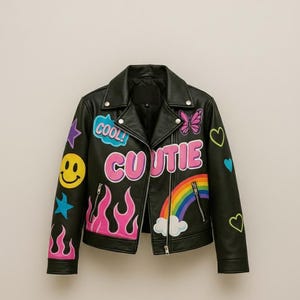 May include: Black leather jacket with colorful patches including a smiley face, stars, flames, a rainbow, and the word "CUTIE". The jacket has a classic biker style with a notched collar and zipper closure.