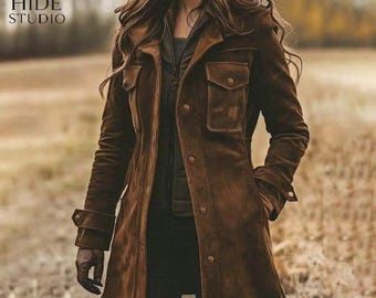 May include: A brown suede jacket with a button-up front, two chest pockets, and long sleeves. The jacket has a classic design and is suitable for various occasions. The text "CLASSIC HIDE STUDIO" is visible in the upper left corner.