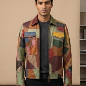Men's Vintage Patchwork Cowhide Leather Jacket | Multicolor Genuine Leather Biker Coat