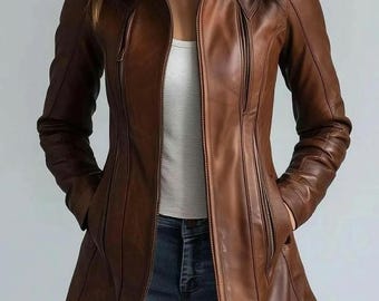 Women’s Brown Leather Long Coat | Elegant Vintage Style | Genuine Leather Outerwear for Fall & Winter
