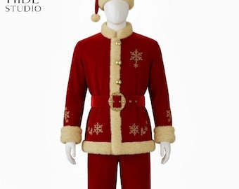 May include: A red Santa Claus suit with a matching hat, featuring gold snowflake embroidery and trim. The suit includes a jacket with gold buttons and a belt with a gold buckle. The outfit is displayed on a mannequin.