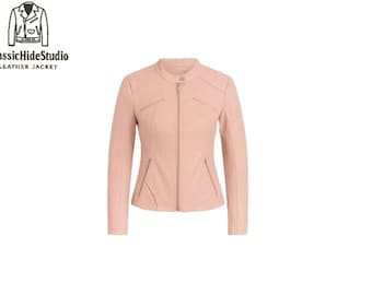 May include: A pale pink leather jacket with a stand-up collar and a full-length zip. The jacket features two zipped pockets and quilted shoulder detailing. The ClassicHideStudio logo is in the upper left corner.