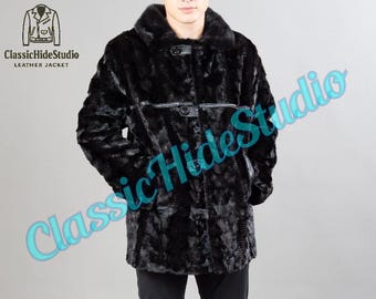 Men's Black Faux Mink Fur Coat: Vintage Style Vegan Winter Outerwear
