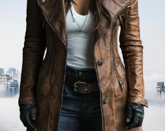 Distressed Brown Leather Trench Coat | Women's Shearling Collar Jacket