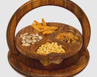 Hand Carved Wooden Basket with Handle | Rustic Decorative Storage Bowl | Handmade Wood Fruit & DryFruit Basket