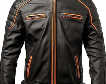 May include: Black leather jacket with orange trim and accents. The jacket features a zip-up front, two chest pockets, and quilted shoulder detailing. The jacket has a classic motorcycle style.