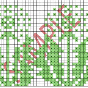 Op de afbeelding: Een kruissteekpatroon op een raster, met groene 'X'-markeringen die een bloemenontwerp vormen. Het woord "SAMPLE" is rood overgelegd, diagonaal over het patroon. Het ontwerp staat op een witte achtergrond.