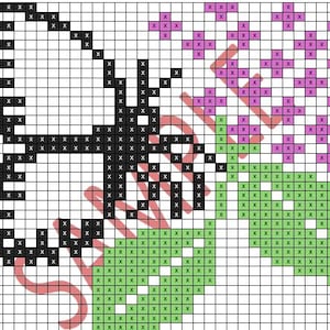 May include: Cross-stitch pattern featuring a black bow and arrow design, with green and purple floral elements. The word "SAMPLE" is printed in red across the image. The design is on a grid background.