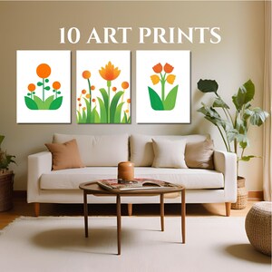 Botanical Wall Prints, Watercolor Wall Art, Nordic Wall Decor, Living Room Prints, Set of 10 Prints, Green, Orange, Sage Green, Wall Decor