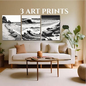 Vintage Seascape Sketch Print Set: Coastal Charcoal Drawing (Digital Download)