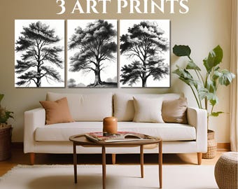 Gallery Wall Art Set of 3, Vintage Tree Sketch, Antique Tree Drawings, Botanical Art, Nature Sketch, Farmhouse Wall Decor, DIGITAL DOWNLOAD