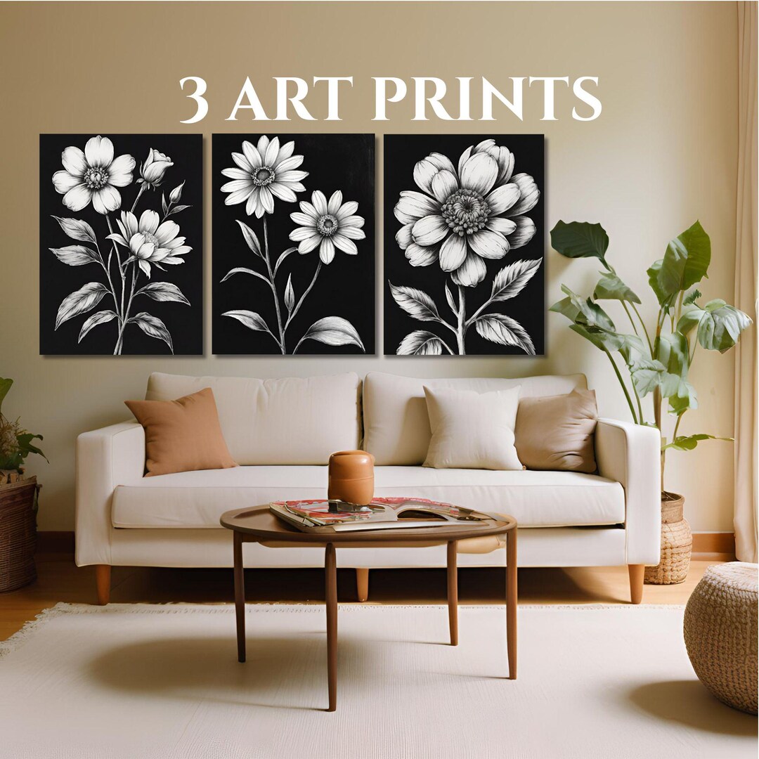 Flower Line Art Prints Set of 3 Prints Floral Print Flower Wall Art ...