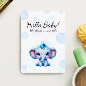 Digitale Geburtskarte – Blauer Elefant mit Seifenblasen & Schleife | Sofort-Download, Hochauflösend, Babykarte zum Ausdrucken | zur Geburt