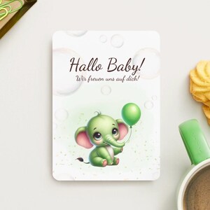 Digitale Geburtskarte – Rosa Elefant mit Seifenblasen & Schleife | Sofort-Download, Hochauflösend, Babykarte zum Ausdrucken | zur Geburt