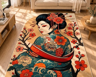 Alfombra de geisha japonesa / Alfombra decorativa con mujer japonesa / Alfombra de área / Alfombra floral roja Sakura / Decoración estética para sala de estar / Alfombra con estampado único
