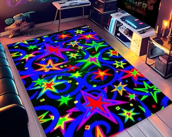 Alfombra Arcade con Estrellas de Neón / Decoración para Habitaciones de Gamer / Alfombra Arcade / Alfombra con Estrellas de Colores / Alfombras Lavables / Regalos para Gamers / Alfombras de Neón