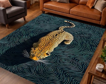 Alfombra de leopardo / Alfombra verde / Alfombra de leopardo de la selva / Decoración para el hogar con animales / Alfombra lavable / Alfombra de área con animales exóticos / Regalos para el hogar