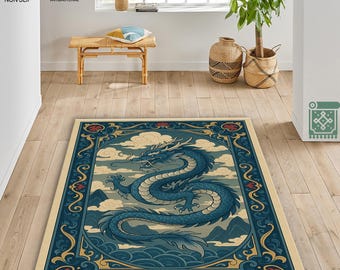 Alfombra de dragón azul mágico, diseño vintage de dragón chino, para dormitorio, estética para sala de juegos, tamaño personalizado, decoración de sala de juegos.
