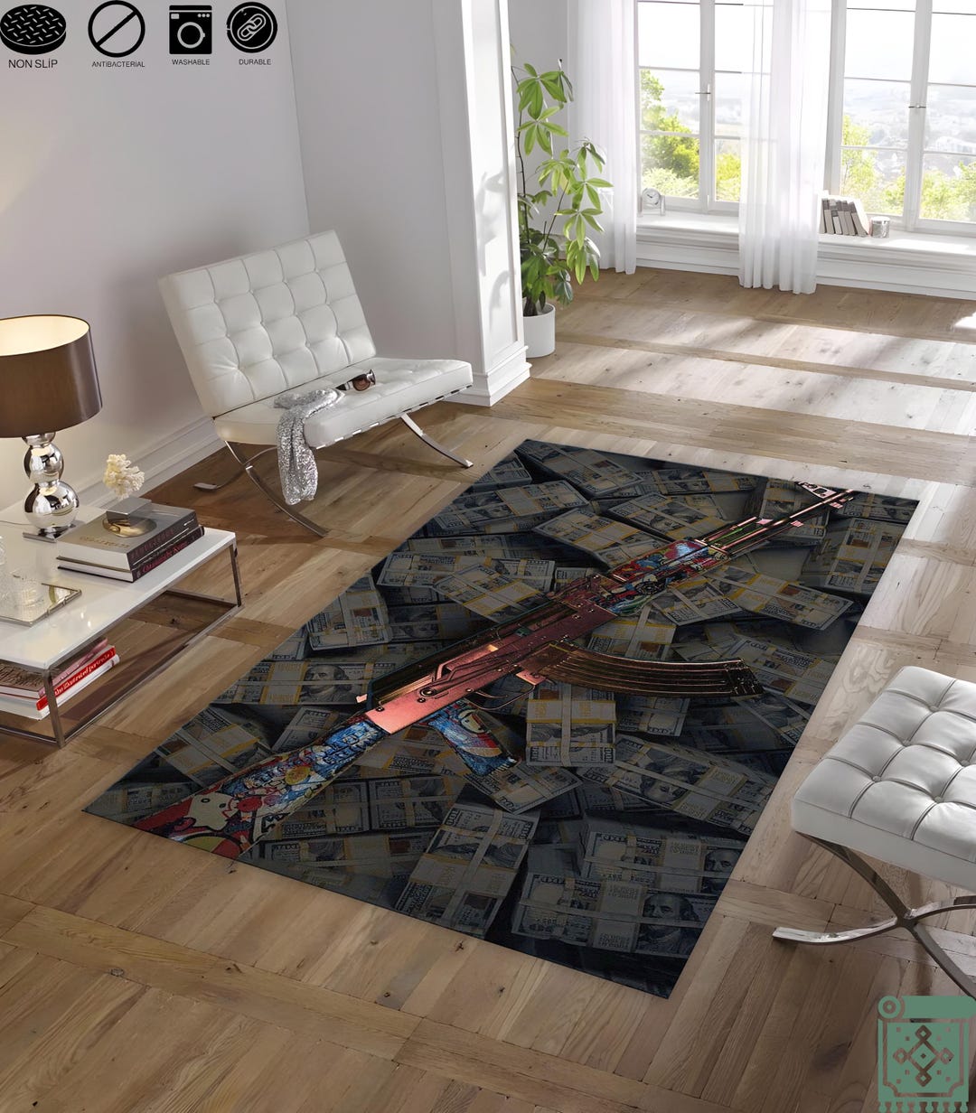 Gun Welcome Rug Ak-47 Pattern Rug | Dollar Print Rug | Army Rugs | Man Cave Rug ...