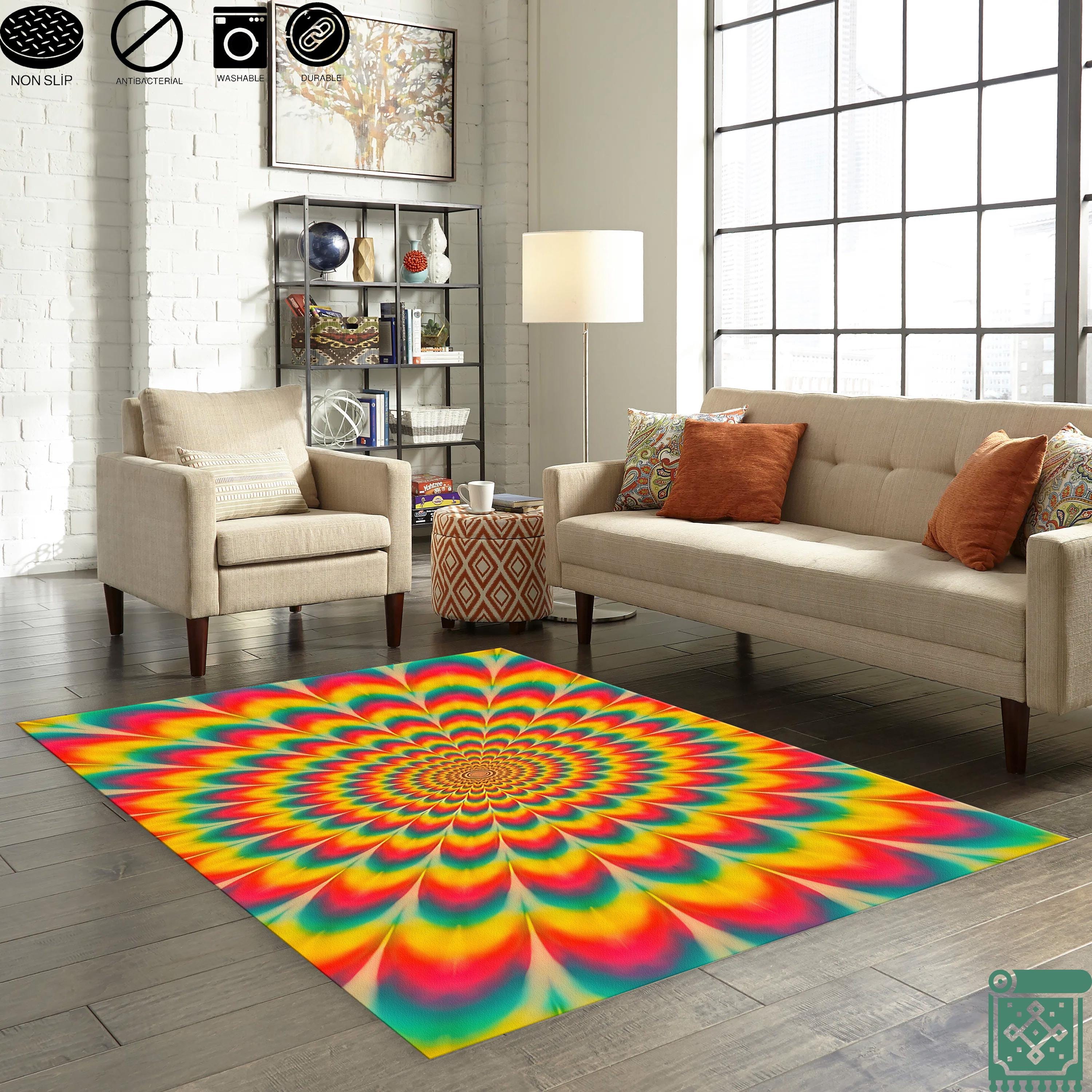 Trippy Rug Psychedelic Spiral Decor Rug | Rainbow Trippy Carpet | Optical Illusion ...