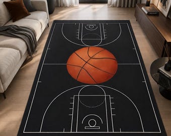 Alfombra para cancha de baloncesto / Alfombra moderna para área deportiva / Alfombra minimalista negra para baloncesto / Decoración para habitación juvenil / Alfombra para sala de juegos / Regalos para amantes del deporte