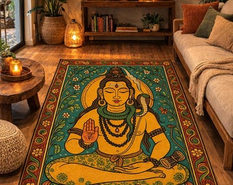 Alfombra con diseño del Señor Shiva / Alfombra decorativa del dios hindú Shiva / Tapices de meditación indios / Decoración bohemia para habitaciones / Alfombra minimalista / Alfombra de regalo