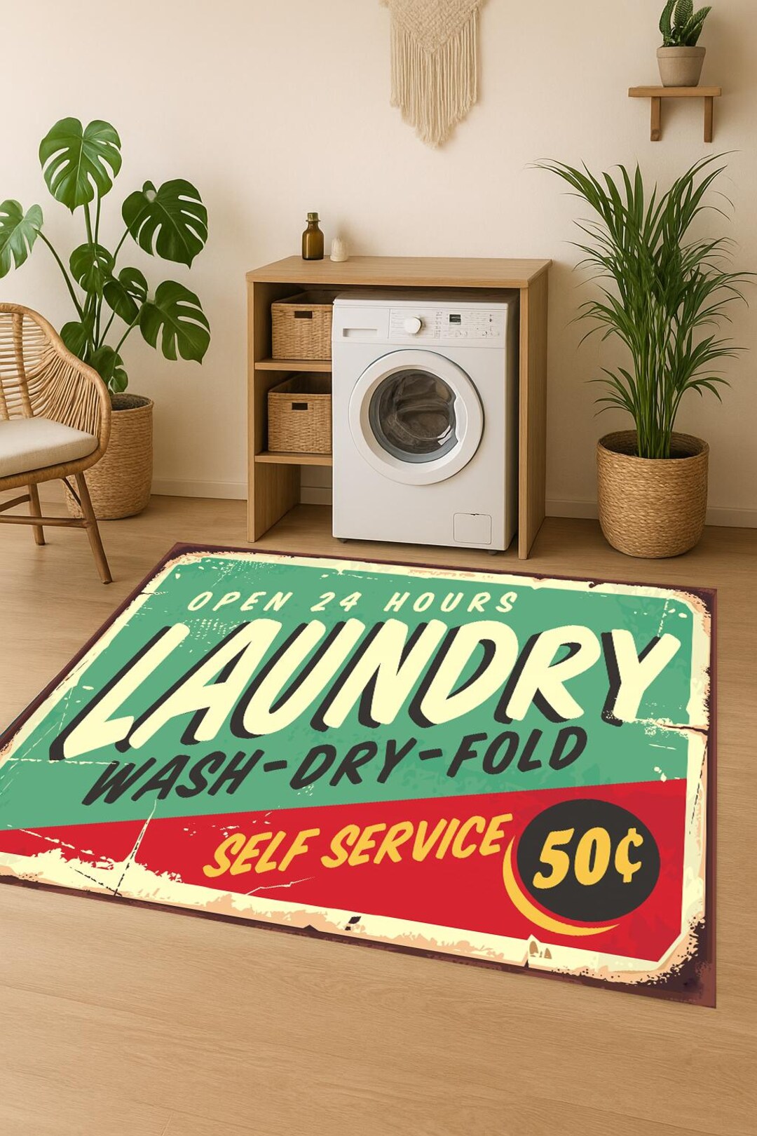 Vintage Laundry Room Area Rug | Machine Washable Rug | Non-slip Laundry ...