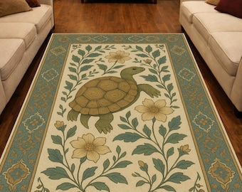 Alfombra vintage con estampado de tortugas / Alfombras persas con tortugas / Ilustración botánica floral / Alfombras lavables / Alfombra de juegos / Alfombra con arte de tortugas