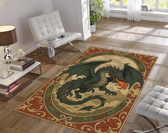 Alfombra decorativa de dragón de fantasía / Dragón chino vintage / Dragón mágico para dormitorio / Alfombra maximalista estética para sala de juegos / Alfombra de tamaño personalizado